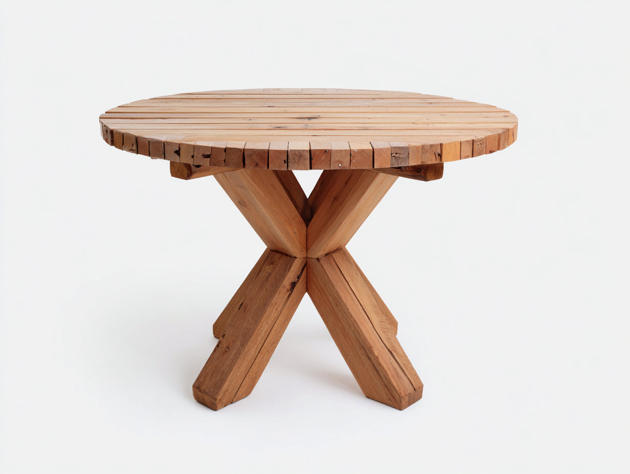Mesas de jardín de madera 125x125x77 cm - madera natural - diseño redondo con base cruzada