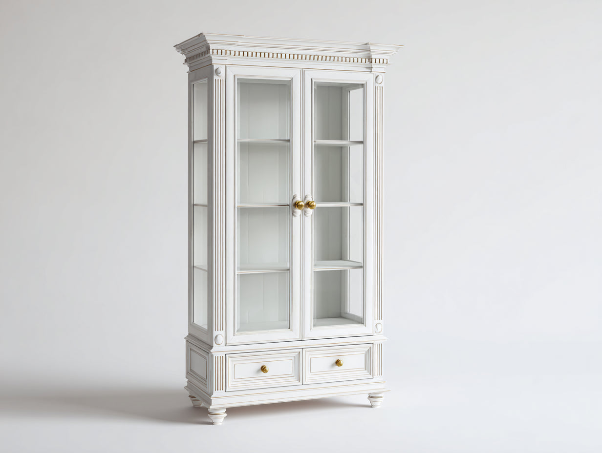 Vitrina 90x40x190 cm - madera y vidrio templado blanco-dorado - estilo clásico para salón