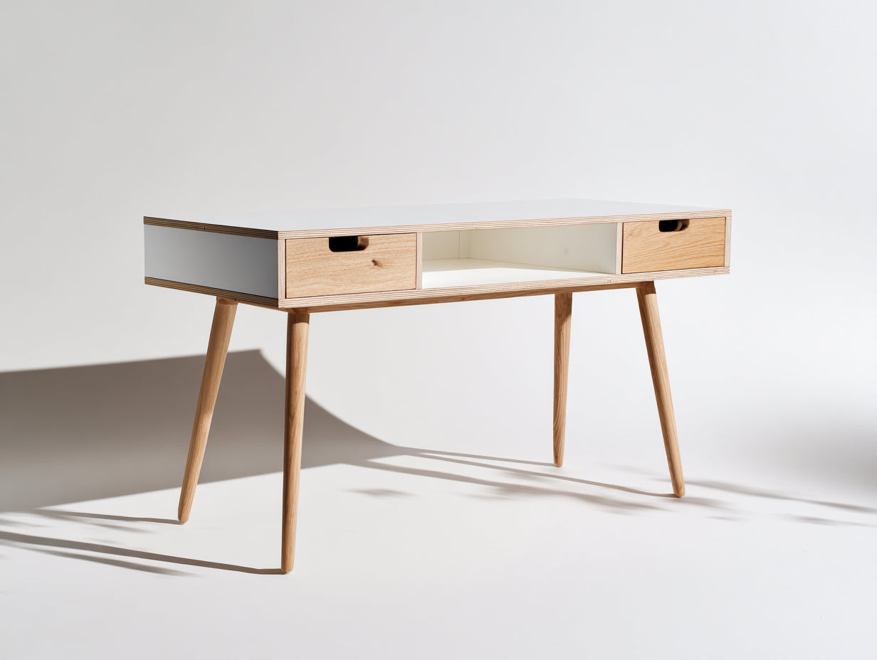 Mesas de oficina 125x55x75 cm - madera natural y blanco con 2 cajones - estilo nórdico para despacho