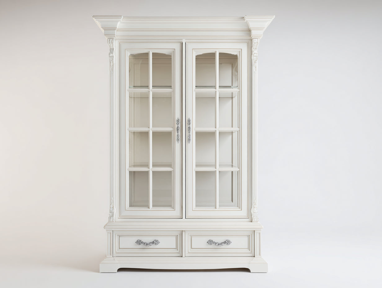 Vitrina 120x42x210 cm - madera y vidrio templado blanco marfil - estilo clásico con 2 puertas y 2 cajones