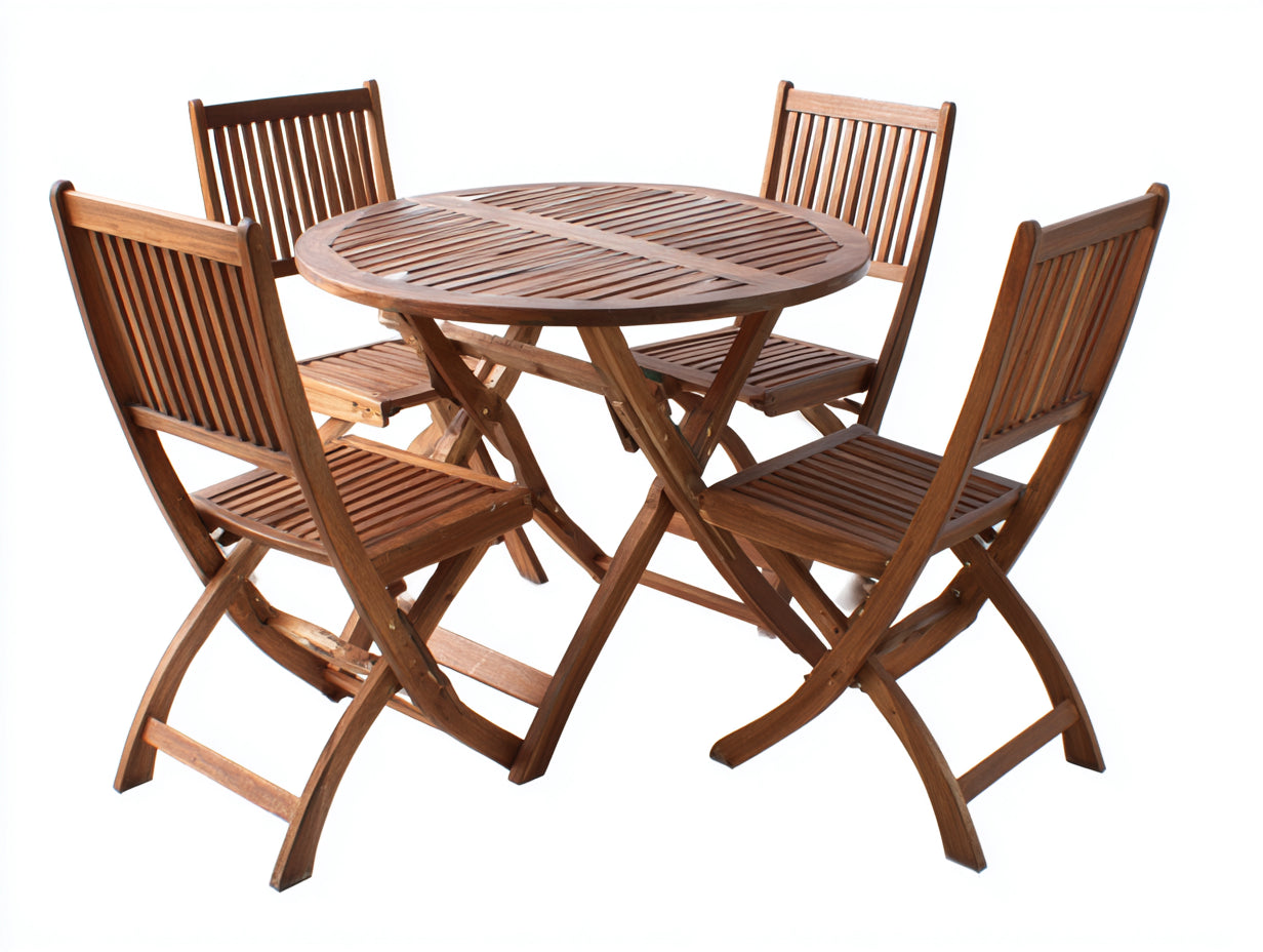 Conjuntos de comedor de jardín de madera 120x120x75 cm - marrón natural - mesa redonda con sillas plegables